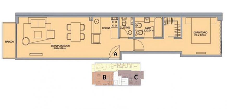 Departamento 2 amb con dormitorio en suite, toilette y cochera
